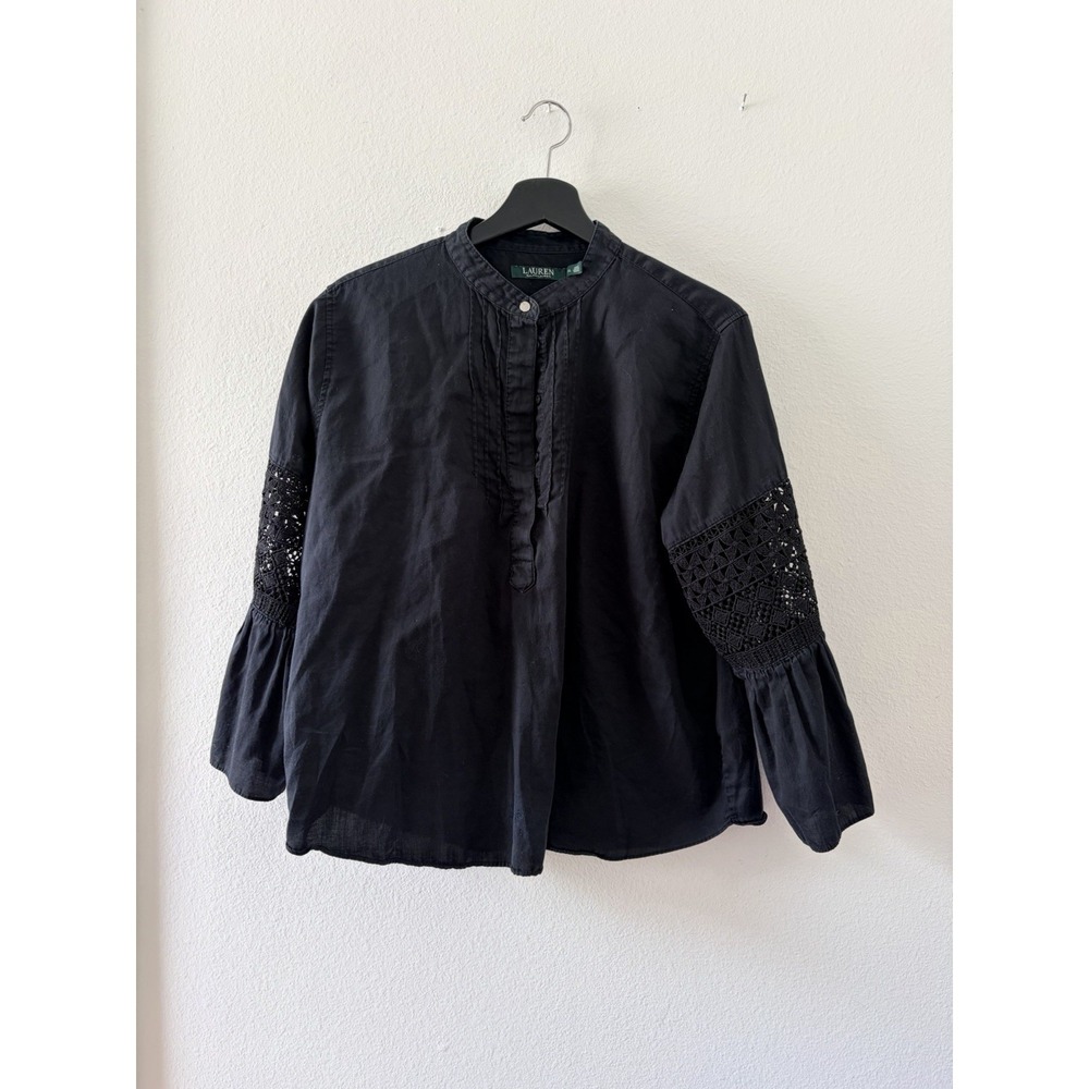 Lauren Ralph Lauren Womens XL Black Blouse Crochet Lace Sleeve Top Shirt